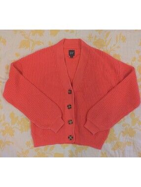 Watermelon Pink Gap Cardigan with Tortoise Shell Style Buttons, V Neck